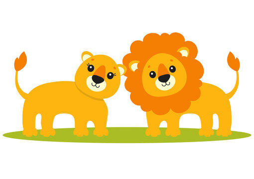 Cute lion and lioness. Wild animal. Cartoon character. Colorful vector illustration. Isolated on white background. Design element. Template for your design, books, stickers, cards.