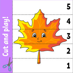 Learning numbers 1-5. Cut and play. Education worksheet. Game for kids. Color activity page. Puzzle for children. Riddle for preschool. Vector illustration. Cartoon style. Autumn theme.