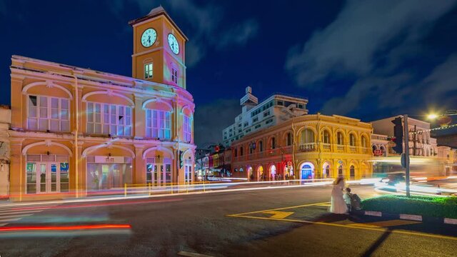 Phuket city Thailand Amazing Beautiful buildings in Phuket Old Town with Sino-Portuguese architecture  one of the landmarks in Phuket City at night beautiful light show on 26-July-2021