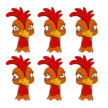 Angry rooster. Set of different eye movements. The bird looks left, right, up, down. Team mascot. Cartoon style. Colored vector illustration.