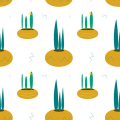 Seamless pattern with two green cacti in orange pots in a flat style. Plants and Home decor Items