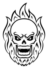 Angry skull with fire. Outline silhouette. Design element. Vector illustration isolated on white background. Template for books, stickers, posters, cards, clothes.