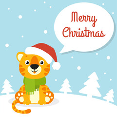 Gift color greeting card. Tiger simbol in a santa hat. Cute cartoon character. Happy New Year and Merry Christmas. Flat style. Vector illustration.