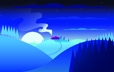 Flat vector illustration of a night winter landscape with red house on the top of a mountain with a smoking chimney. Minimalist landscape.