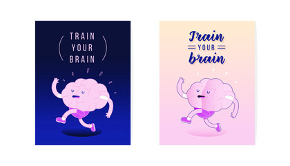 Set Cards Train Your Brain. Brain Run on Colorful Background. Modern Flat Vector Illustration. Train Your Brain. Social Media Template.