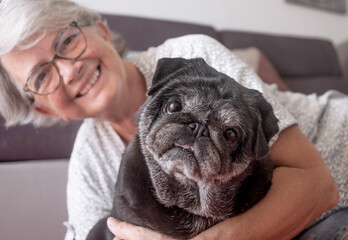 Portrait of black purebred old pug dog sitting with his senior owner on the floor at home. Best...