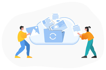 File sharing or cloud file storage. Two people place documents and images into one folder in cloud. Modern vector illustration