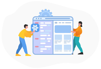 Coding lessons, website backend, frontend development. Two software developers stand near page with code. Modern vector illustration