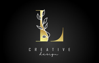 Golden L letter logo design with white leaves branch vector illustration.