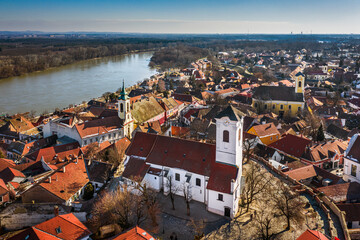 Szentendre, hungary - Aerial view of the city of Szentendre on a sunny day with Belgrade Serbian...