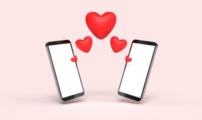 smartphones avec coeurs pour les rencontres en ligne. Fond rose - Rendu 3D