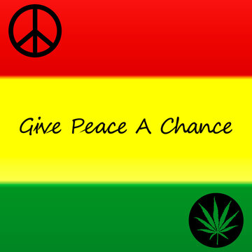 Images of the colors of the hippie flag with a badge, cannabis and a slogan.