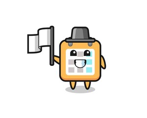 Cartoon character of calendar holding a flag
