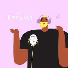 Radio host with microphone. Media hosting vector doodle drawing. Funny brutal man podcaster in headphones , isolated cartoon character broadcaster.