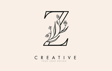 Black Outline Z letter logo design with black flowers vector illustration.