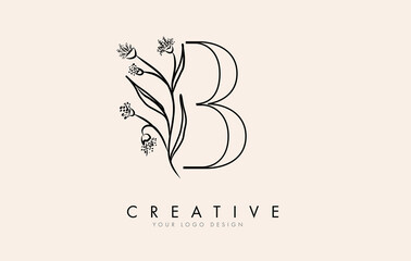 Black Outline B letter logo design with black flowers vector illustration.