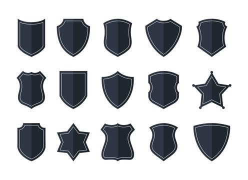Police badge shape. Vector icon set of badge for office, law, football patches, government agent isolated on white background. Security black labels, military shield silhouettes. Sheriff star emblems