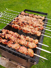 Marinated shashlik preparing on a barbecue grill over charcoal.