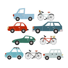 Nette Gekritzelautos und -fahrräder eingestellt, gezeichnete Vektorillustration des flachen Designs Hand, lokalisiert auf weißem Hintergrund