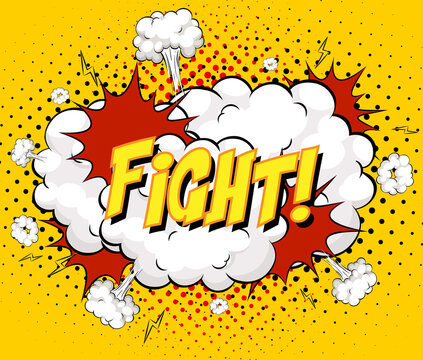 FIGHT text on comic cloud explosion on yellow background