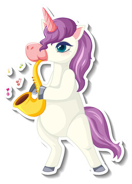 Cute unicorn stickers with a purple unicorn playing saxophone