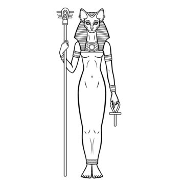 Animation portrait Ancient Egyptian goddess Bastet (Bast) holds symbols of power: staff and cross. Sacred woman cat. Vector illustration isolated on a white background. 