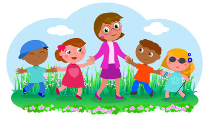 Cute smiling teacher with different kinds of children: African, Caucasian and even a blind girl with a cane. Cartoon vector illustration.