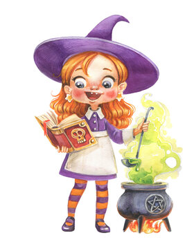 Cute cartoon little witch girl with magick book brews potion in a cauldron  isolated on white background