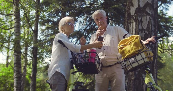 Low angle view of senior couple with bicycle standing in park using smartphone