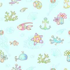 Seamless vector pattern - underwater scene. Vacation mood. Fishes, seashells, corals, and seaweed.