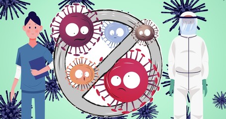 Composition of covid 19 virus cells with prohibition sign and doctors icons over green background