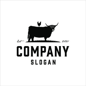 Highland Cattle and hen logo with vintage style design