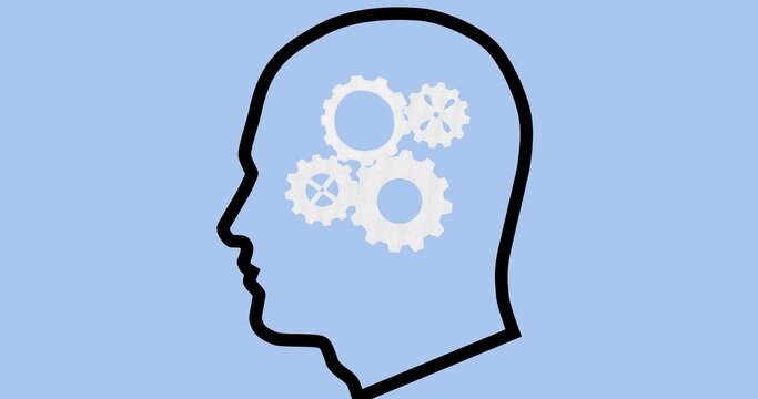 recommend clip art: Composition of head silhouette with cogwheels inside on blue background