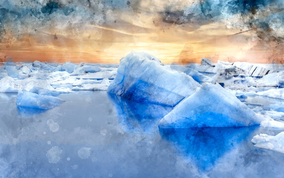 Digital watercolor painting of magnificent landscape image view of Jokulsarlon glacial lagoon, Iceland
