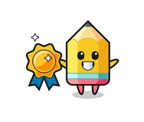 pencil mascot illustration holding a golden badge