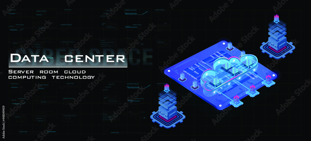 Poster server room with powerful processor for web hosting. isometric big data storage concept and cloud co