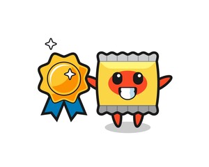 snack mascot illustration holding a golden badge