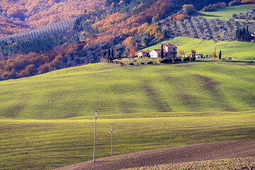 Winter view of Tuscany, Italy. Picturesque winter landscape view of Tuscany with stone houses, colorful hills, fields and vineyards in Italy