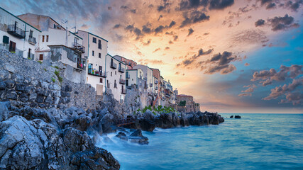 Cefalu, medieval village Sicily, province Palermo, Italy. Travel and historic concept.