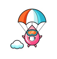 strawberry juice drop mascot cartoon is skydiving with happy gesture