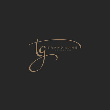 Letter TG gold handwritten logo design template. Black background.
