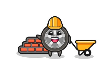 Cartoon character of car wheel as a builder