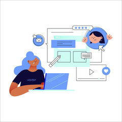 Happy Woman Receive Good Feedback from Client. Modern Flat Vector Illustration. Website, Mail, Video Stream Template. Remote Work. Social Media Template.