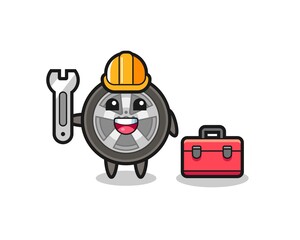 Mascot cartoon of car wheel as a mechanic