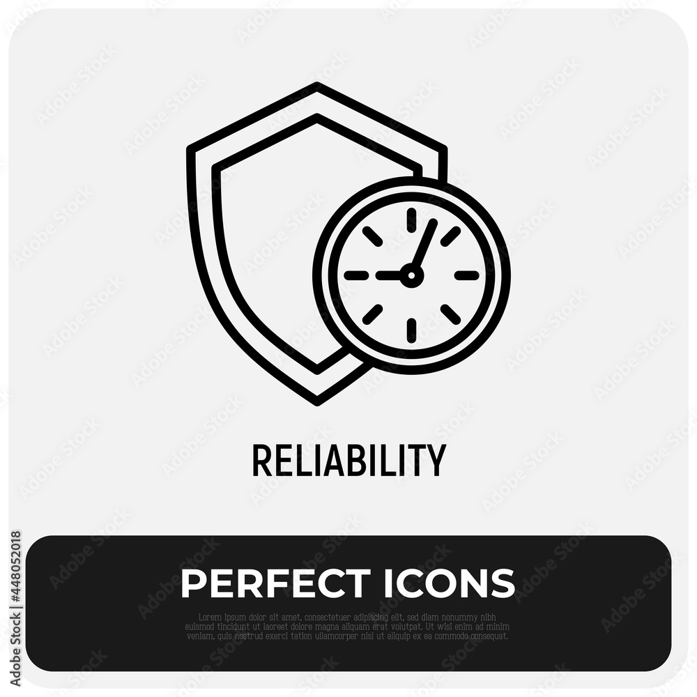 Poster reliability, time-tested thin line icon. shield with clock. symbol of support. vector illustration.