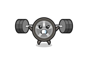 Obraz na płótnie Canvas car wheel mascot cartoon with a barbell