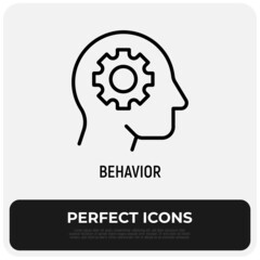 Human behavior thin line icon. Psychotherapy, psychoanalysis. Objectivity, critical thinking, rationalization. Cogwheel in human head. Vector illustration.