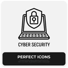 Cyber security, open laptop with shield thin line icon. Modern vector illustration.