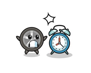 Cartoon Illustration of car wheel is surprised with a giant alarm clock