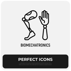 Fototapeta na wymiar Bionics, biomechatronics thin line icon, prothesis of hand and leg for disabled people. Modern vector illustration.